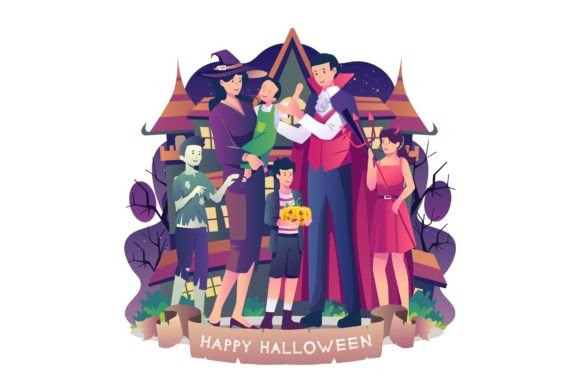 Family in Halloween Illustration - A Festive Graphic Design Asset